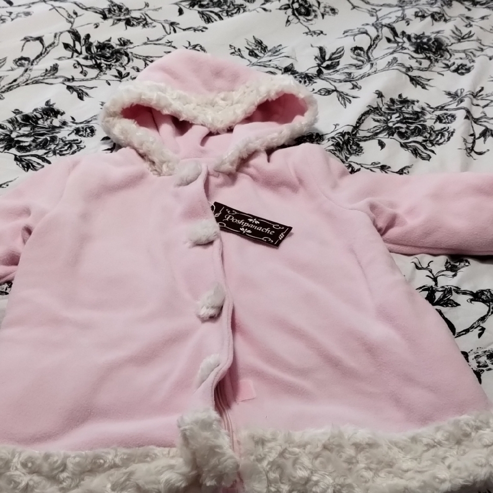 Pink Hooded Coat with Faux Fur Trim
